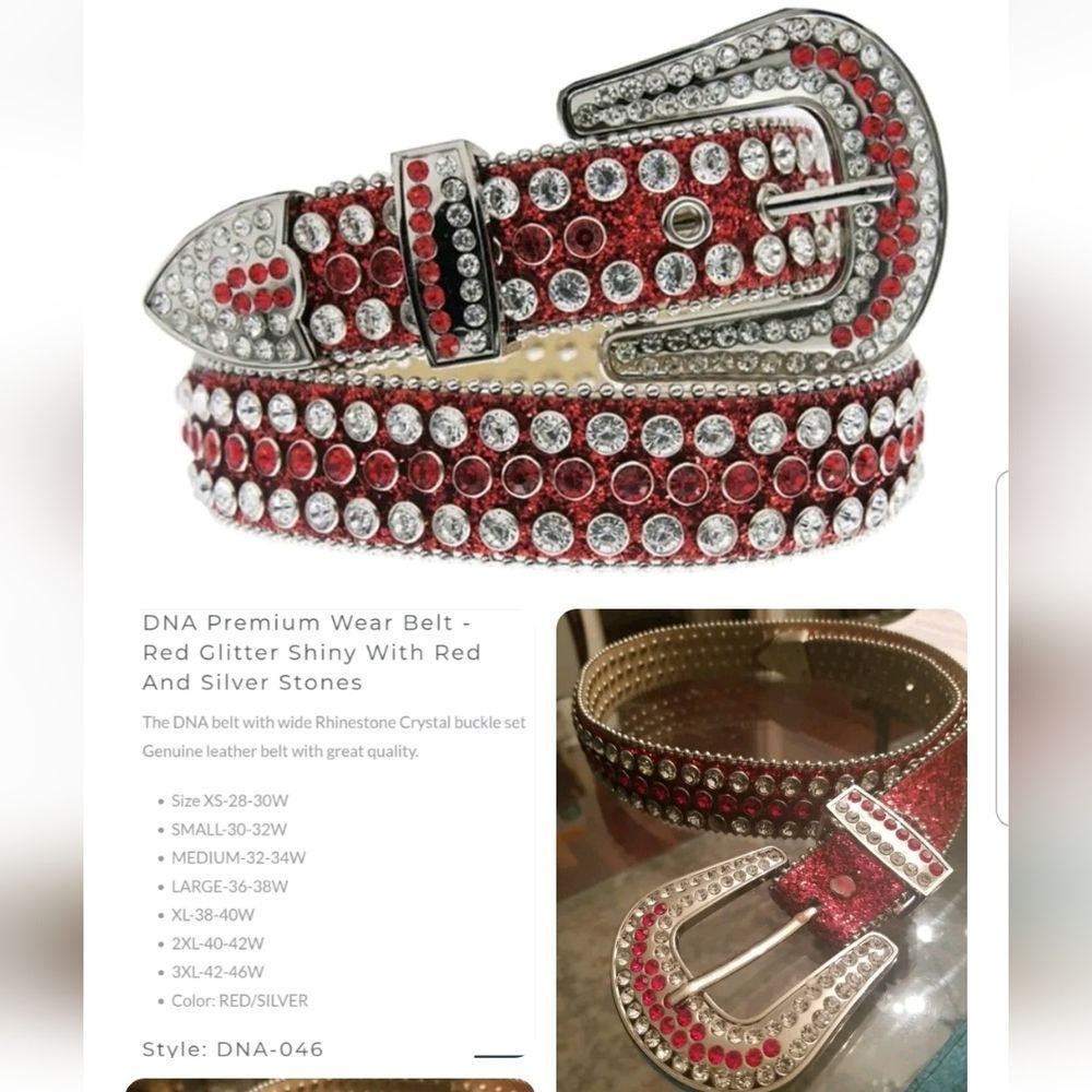 DNA PREMIUM WEAR BELT RED GLITTER W/RED & SILVER STONES. SZ. XS MISSING 1 STONE